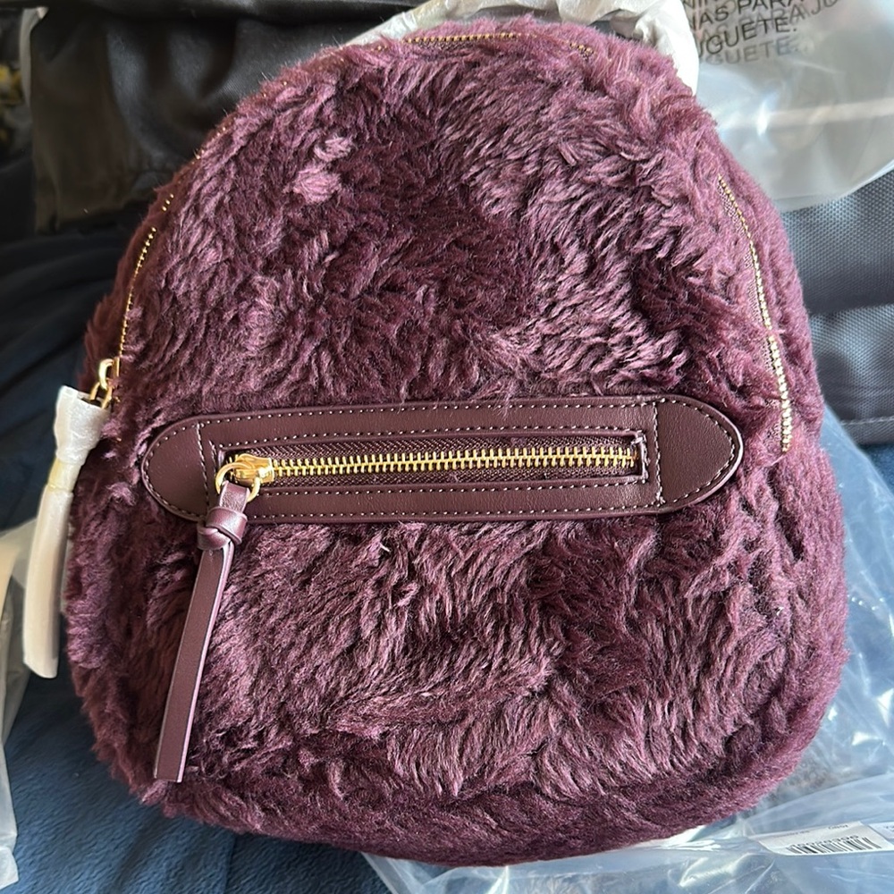 🎒✨ NWT Express Plush Purple Mini Backpack Gold Zipper Soft Faux Fur